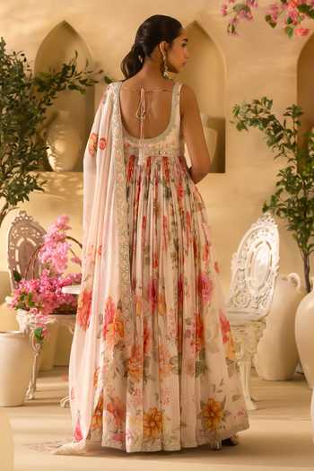 Shop Lashkaraa Off White Organza Square Neck Floral Print Anarkali Set at Aza Fashions Shop_Lashkaraa_Off White Organza Square Neck Floral Print Anarkali Set _at_Aza_Fashions