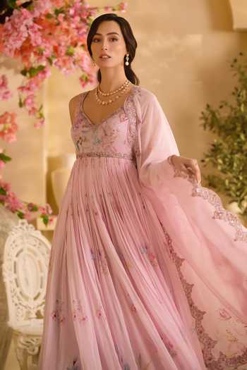 Lashkaraa Pink Organza V-neck Floral Embroidered Anarkali With Dupatta Online at Aza Fashions Lashkaraa_Pink Organza V-neck Floral Embroidered Anarkali With Dupatta _Online_at_Aza_Fashions