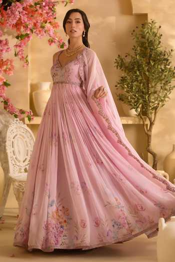Buy Lashkaraa Pink Organza V-neck Floral Embroidered Anarkali With Dupatta Online at Aza Fashions Buy_Lashkaraa_Pink Organza V-neck Floral Embroidered Anarkali With Dupatta _Online_at_Aza_Fashions