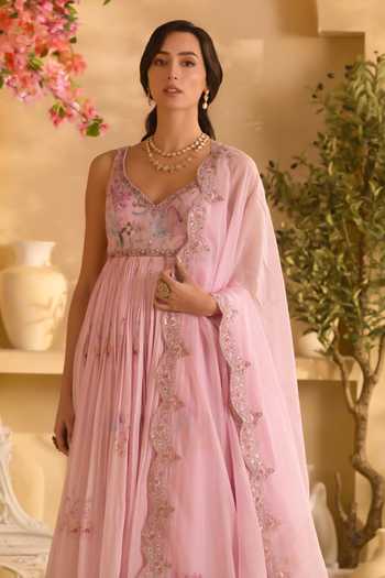 Shop Lashkaraa Pink Organza V-neck Floral Embroidered Anarkali With Dupatta Online at Aza Fashions Shop_Lashkaraa_Pink Organza V-neck Floral Embroidered Anarkali With Dupatta _Online_at_Aza_Fashions