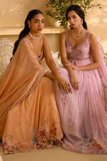 Lashkaraa Pink Organza V-neck Floral Embroidered Anarkali With Dupatta at Aza Fashions Lashkaraa_Pink Organza V-neck Floral Embroidered Anarkali With Dupatta _at_Aza_Fashions