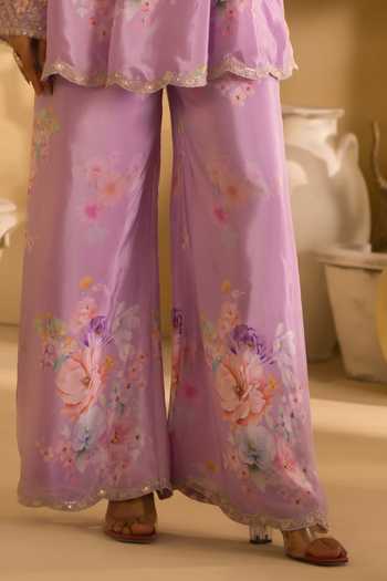 Lashkaraa Purple Silk, Crepe Embroidery, Sequins, Floral Print Short Kurta And Palazzo Set Online at Aza Fashions Lashkaraa_Purple Silk, Crepe Embroidery, Sequins, Floral Print Short Kurta And Palazzo Set_Online_at_Aza_Fashions