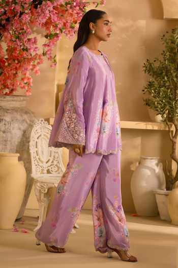 Buy Lashkaraa Purple Silk, Crepe Embroidery, Sequins, Floral Print Short Kurta And Palazzo Set Online at Aza Fashions Buy_Lashkaraa_Purple Silk, Crepe Embroidery, Sequins, Floral Print Short Kurta And Palazzo Set_Online_at_Aza_Fashions