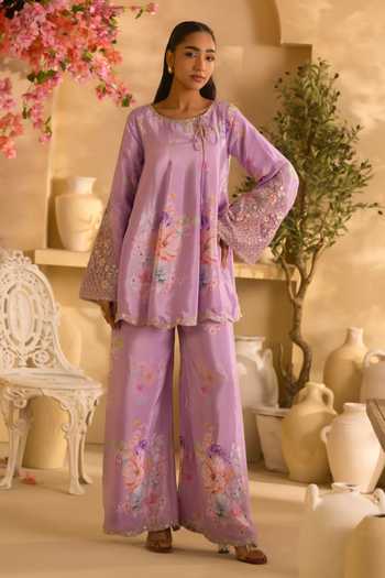 Buy Lashkaraa Purple Silk, Crepe Embroidery, Sequins, Floral Print Short Kurta And Palazzo Set at Aza Fashions Buy_Lashkaraa_Purple Silk, Crepe Embroidery, Sequins, Floral Print Short Kurta And Palazzo Set_at_Aza_Fashions