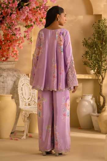 Shop Lashkaraa Purple Silk, Crepe Embroidery, Sequins, Floral Print Short Kurta And Palazzo Set at Aza Fashions Shop_Lashkaraa_Purple Silk, Crepe Embroidery, Sequins, Floral Print Short Kurta And Palazzo Set_at_Aza_Fashions
