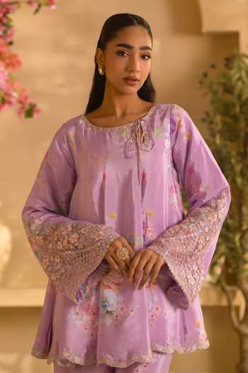 Shop Lashkaraa Purple Silk, Crepe Embroidery, Sequins, Floral Print Short Kurta And Palazzo Set Online at Aza Fashions Shop_Lashkaraa_Purple Silk, Crepe Embroidery, Sequins, Floral Print Short Kurta And Palazzo Set_Online_at_Aza_Fashions