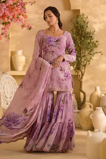 Buy Lashkaraa Purple Silk, Crepe, Chinon Sweetheart Neck, Floral Print Short Kurta Gharara Set Online at Aza Fashions Buy_Lashkaraa_Purple Silk, Crepe, Chinon Sweetheart Neck, Floral Print Short Kurta Gharara Set _Online_at_Aza_Fashions