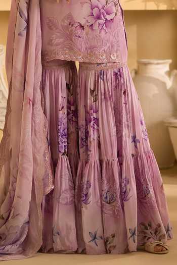 Shop Lashkaraa Purple Silk, Crepe, Chinon Sweetheart Neck, Floral Print Short Kurta Gharara Set Online at Aza Fashions Shop_Lashkaraa_Purple Silk, Crepe, Chinon Sweetheart Neck, Floral Print Short Kurta Gharara Set _Online_at_Aza_Fashions