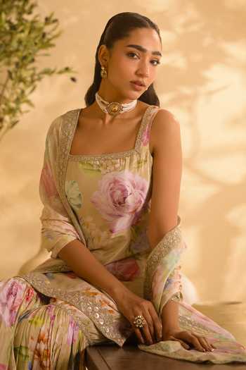 Buy Lashkaraa Green Crepe, Chinon Square Neck, Yes Floral Print Kurta Gharara Set Online at Aza Fashions Buy_Lashkaraa_Green Crepe, Chinon Square Neck, Yes Floral Print Kurta Gharara Set _Online_at_Aza_Fashions