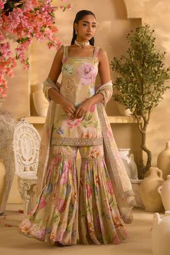 Shop Lashkaraa Green Crepe, Chinon Square Neck, Yes Floral Print Kurta Gharara Set Online at Aza Fashions Shop_Lashkaraa_Green Crepe, Chinon Square Neck, Yes Floral Print Kurta Gharara Set _Online_at_Aza_Fashions