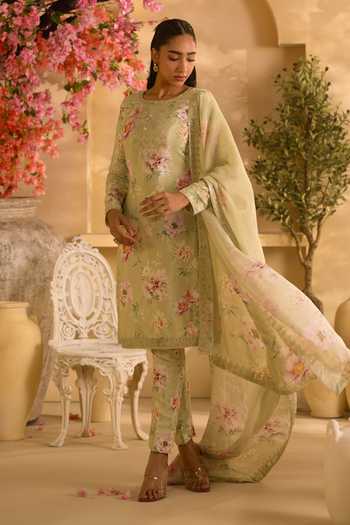 Shop_Lashkaraa_Green Silk, Crepe, Chinon Round Neck Floral Print Straight Kurta Pant Set _Online_at_Aza_Fashions