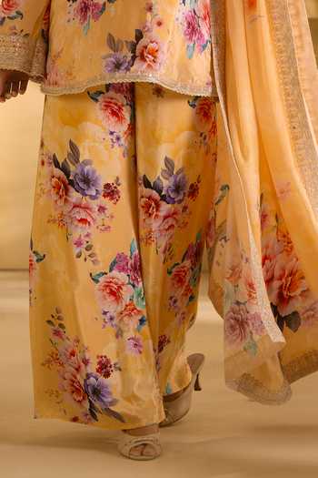 Lashkaraa_Yellow Silk, Crepe, Chinon Embroidery, Floral Print Straight Kurta Palazzo Set _Online_at_Aza_Fashions