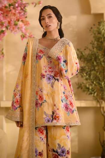 Buy_Lashkaraa_Yellow Silk, Crepe, Chinon Embroidery, Floral Print Straight Kurta Palazzo Set _Online_at_Aza_Fashions