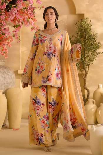 Shop_Lashkaraa_Yellow Silk, Crepe, Chinon Embroidery, Floral Print Straight Kurta Palazzo Set _Online_at_Aza_Fashions