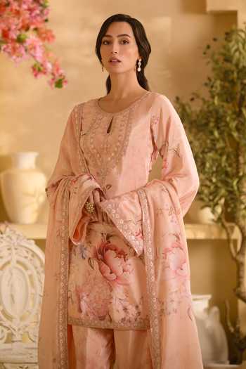 Buy_Lashkaraa_Peach Organza, Georgette, Satin Round Neck Floral Print Kurta Farshi Salwar Set _Online_at_Aza_Fashions