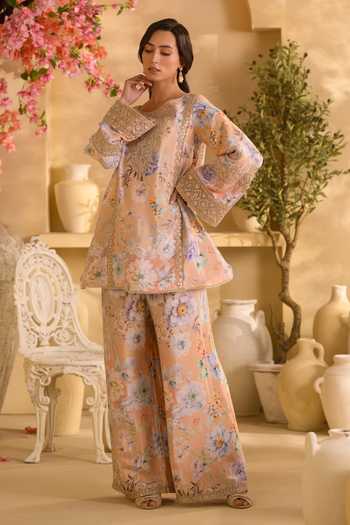 Lashkaraa Floral Print Silk Kurta & Palazzo Set 