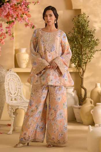 Lashkaraa Floral Print Silk Kurta & Palazzo Set 