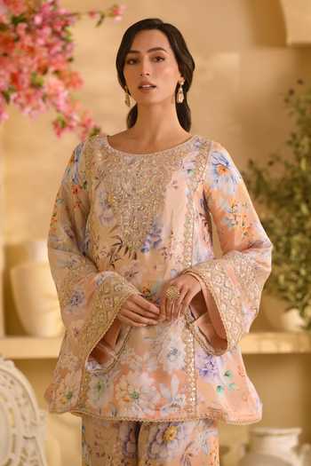 Buy Lashkaraa Peach Silk, Crepe Embroidery, Sequins, Zari Floral Print Kurta And Palazzo Set Online at Aza Fashions Buy_Lashkaraa_Peach Silk, Crepe Embroidery, Sequins, Zari Floral Print Kurta And Palazzo Set _Online_at_Aza_Fashions