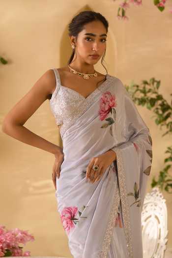 Lashkaraa_Blue Silk, Crepe Sweetheart Neck Floral Print Saree With Embroidered Blouse _Online_at_Aza_Fashions