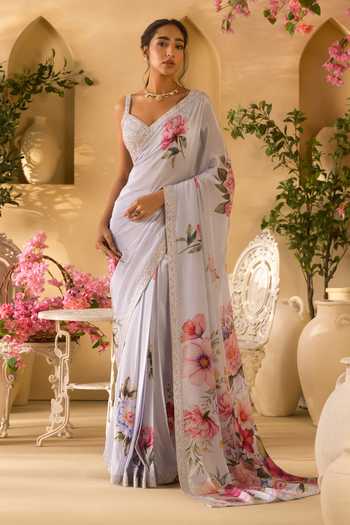 Lashkaraa Floral Print Saree With Embroidered Blouse 