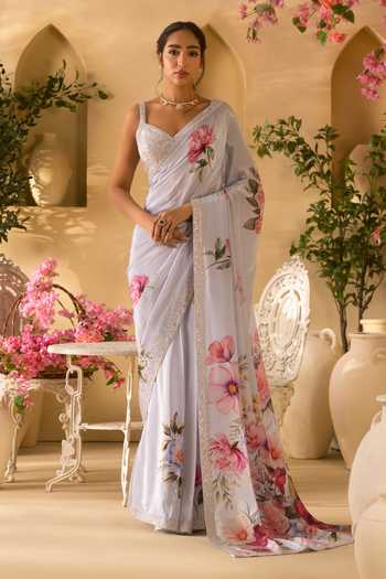 Shop_Lashkaraa_Blue Silk, Crepe Sweetheart Neck Floral Print Saree With Embroidered Blouse _Online_at_Aza_Fashions
