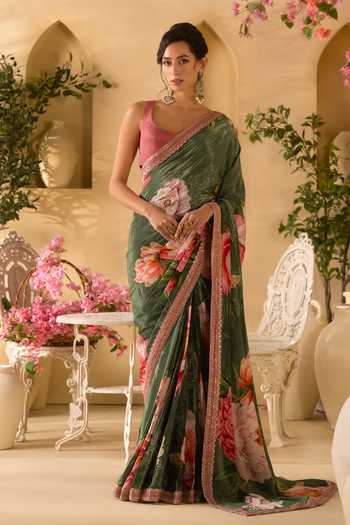 Lashkaraa Floral Print Saree With Solid Blouse 