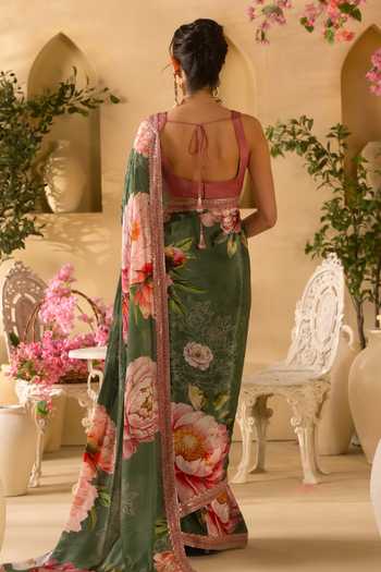 Lashkaraa Floral Print Saree With Solid Blouse 