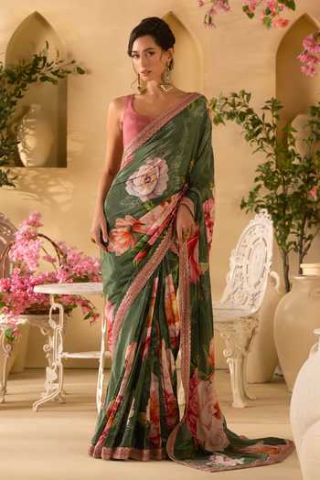 Buy_Lashkaraa_Green Silk, Crepe, Viscose Round Neck Floral Print Saree With Solid Blouse _Online_at_Aza_Fashions