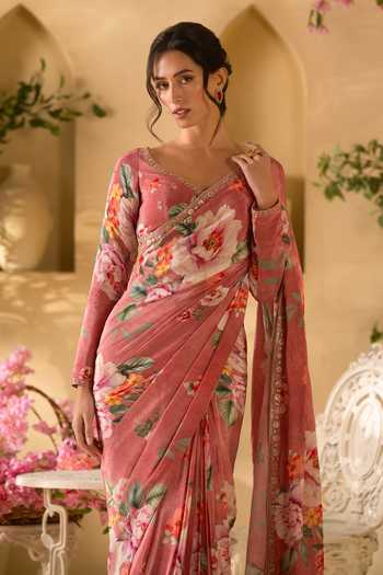 Lashkaraa_Pink Silk, Crepe V-neck Floral Print Saree With Full Sleeve Blouse _Online_at_Aza_Fashions