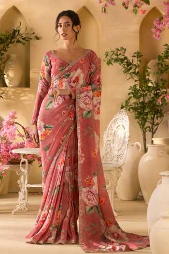 Buy_Lashkaraa_Pink Silk, Crepe V-neck Floral Print Saree With Full Sleeve Blouse _Online_at_Aza_Fashions