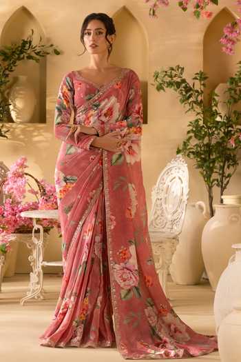 Lashkaraa Floral Print Saree With Full Sleeve Blouse 