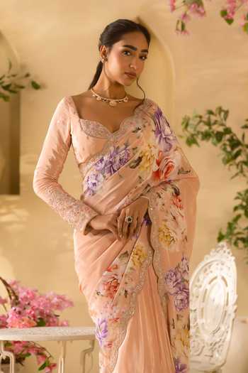 Lashkaraa_Multi Color Silk, Crepe Sweetheart Printed Saree With Floral Embroidered Blouse _Online_at_Aza_Fashions