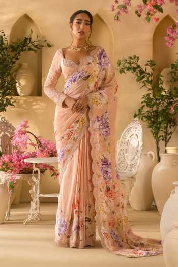 Lashkaraa Printed Saree With Floral Embroidered Blouse 