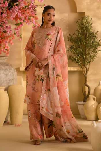 Buy_Lashkaraa_Peach Organza, Georgette, Satin Zari, Sequins, Floral Print Kurta Palazzo Set _Online_at_Aza_Fashions