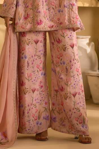 Lashkaraa_Peach Crepe, Chinon Round Neck Floral Bloom Print Short Kurta Palazzo Set _Online_at_Aza_Fashions