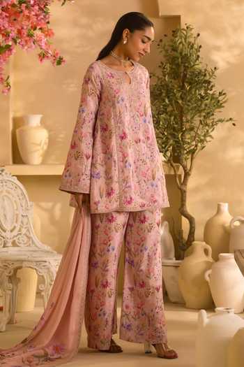 Buy_Lashkaraa_Peach Crepe, Chinon Round Neck Floral Bloom Print Short Kurta Palazzo Set _Online_at_Aza_Fashions