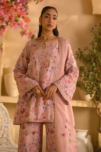 Shop_Lashkaraa_Peach Crepe, Chinon Round Neck Floral Bloom Print Short Kurta Palazzo Set _Online_at_Aza_Fashions