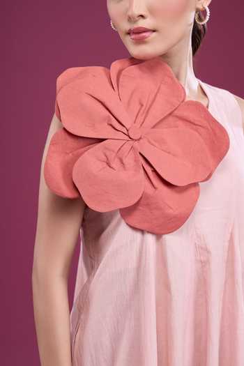 Naintara Bajaj_Peach Cotton Round Neck Floral Applique Dress With Shorts _Online_at_Aza_Fashions