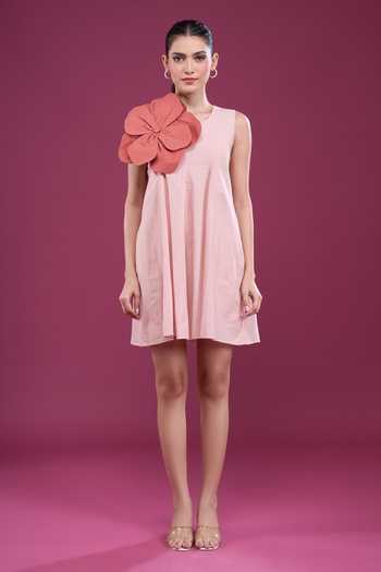 Buy_Naintara Bajaj_Peach Cotton Round Neck Floral Applique Dress With Shorts _Online_at_Aza_Fashions