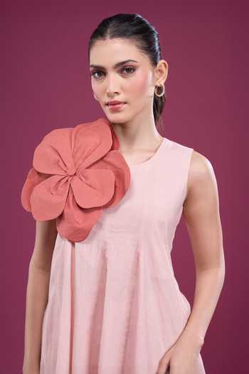 Shop_Naintara Bajaj_Peach Cotton Round Neck Floral Applique Dress With Shorts _Online_at_Aza_Fashions