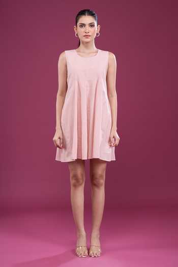 Buy_Naintara Bajaj_Peach Cotton Round Neck Floral Applique Dress With Shorts 