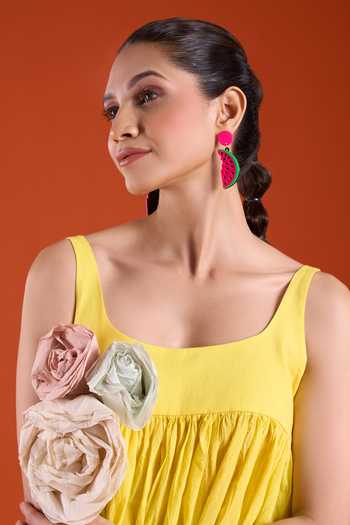 Buy_Naintara Bajaj_Yellow Cotton Square Neck Floral Applique Dress With Shorts 