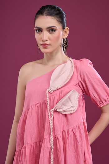Naintara Bajaj_Pink Cotton One Shoulder Layered Dress With Shorts _Online_at_Aza_Fashions