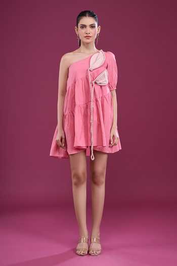 Buy_Naintara Bajaj_Pink Cotton One Shoulder Layered Dress With Shorts _Online_at_Aza_Fashions