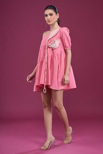 Naintara Bajaj_Pink Cotton One Shoulder Layered Dress With Shorts _at_Aza_Fashions