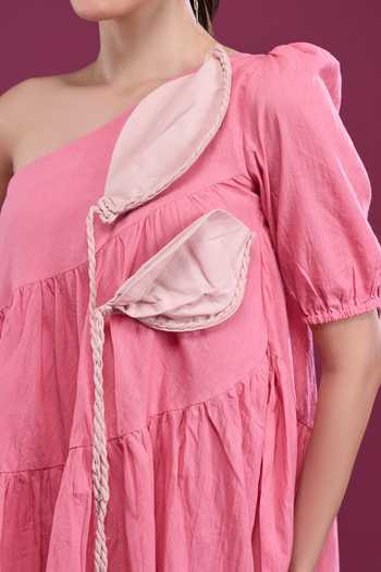 Buy_Naintara Bajaj_Pink Cotton One Shoulder Layered Dress With Shorts 