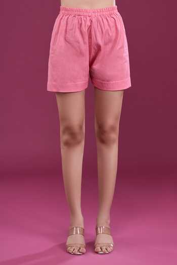 Shop_Naintara Bajaj_Pink Cotton One Shoulder Layered Dress With Shorts 