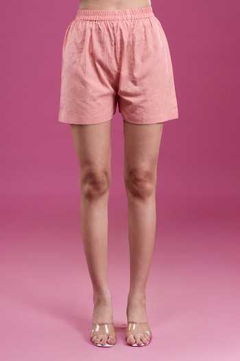 Naintara Bajaj_Pink Cotton Scoop Neck Frilled Dress And Shorts Set _Online_at_Aza_Fashions