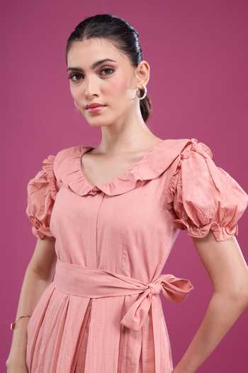 Buy_Naintara Bajaj_Pink Cotton Scoop Neck Frilled Dress And Shorts Set _Online_at_Aza_Fashions