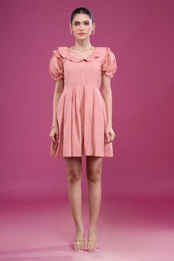 Shop_Naintara Bajaj_Pink Cotton Scoop Neck Frilled Dress And Shorts Set _Online_at_Aza_Fashions